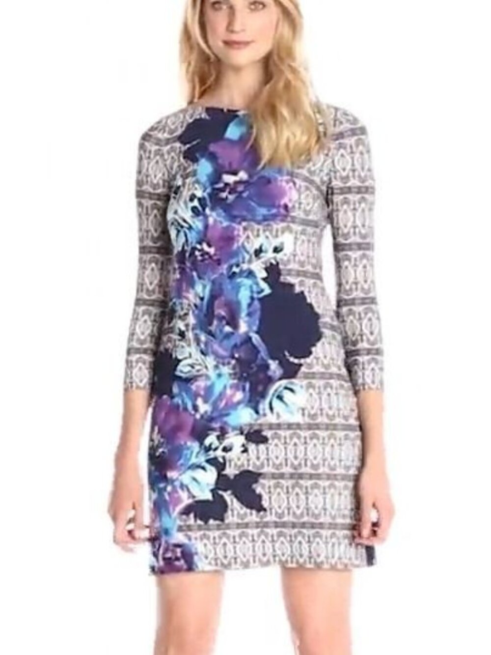 Vince Camuto Navy Floral & Purple Long-Sleeve Dress Sz 6